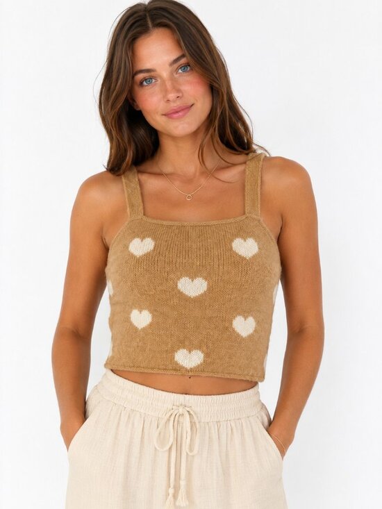 Lush Tops - Women's Knit Lush Tan Heart Sweater Tank Top Soft Cream Beige Sz